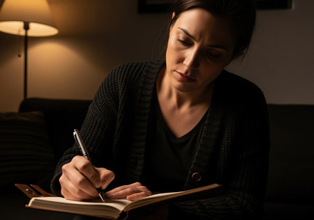A focused woman in a dark cardigan writes intently in a journal with a pen, her pensive expression illuminated by a warm lamp. this image conveys introspection, creativity, and quiet contemplation.の素材