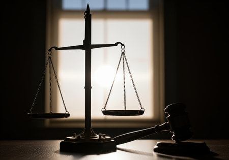 A dramatic silhouette of the scales of justice and a gavel, symbolizing law, order, and fairness. this powerful image is ideal for legal themes, court proceedings, and justice concepts.の素材