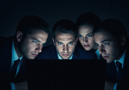 A focused group of business professionals, illuminated by a laptop screen, intently collaborate in a dark environment. ideal for themes of data analysis, cybersecurity, or urgent project work.の素材