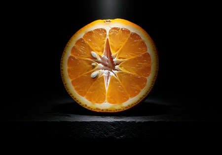 A vibrant halved seville orange, glistening with moisture and revealing its segments and seeds, is dramatically illuminated in a chiaroscuro still life. perfect for food, health, or culinary themes.の素材