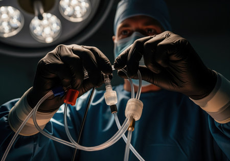 A surgeon gloved hands meticulously adjust complex medical tubing and connectors under bright operating room lights. the image conveys precision and critical care during a medical procedure.の素材