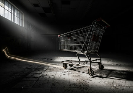 A solitary, heavily rusted shopping cart stands in a dark, abandoned space, conveying themes of decay, neglect, and economic hardship. its presence evokes a sense of desolation.の素材