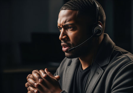 An intense african american man wearing a headset with a microphone is deeply focused, possibly assisting a customer or handling a critical support call. his serious expression and clasped hands convey concentration.の素材