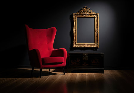 A luxurious red velvet armchair, an ornate golden frame, and an antique wooden chest are dramatically spotlit against a dark wall, creating an opulent and mysterious interior scene.の素材