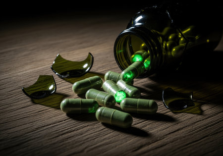 A dramatic still life features green capsules, some glowing with an eerie light, spilled from a broken dark bottle. this image evokes themes of danger, addiction, or mysterious medicine.の素材