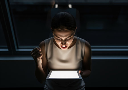 A woman is intensely illuminated by a tablet screen, her face showing a dramatic expression of excitement or success, with a clenched fist. this image conveys strong emotion and achievement.の素材