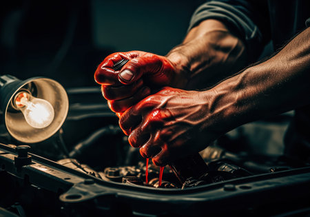 Close up of a mechanic hands, stained with dark oil and red coolant, performing maintenance on a car engine, illuminated by a work lamp. this image conveys hard work and automotive repair.の素材