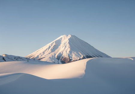 Majestic snow capped volcano mountain dominating a pristine winter landscape. smooth, undulating snowdrifts in the foreground catch the soft, warm light of early morning under a clear blue sky.の素材