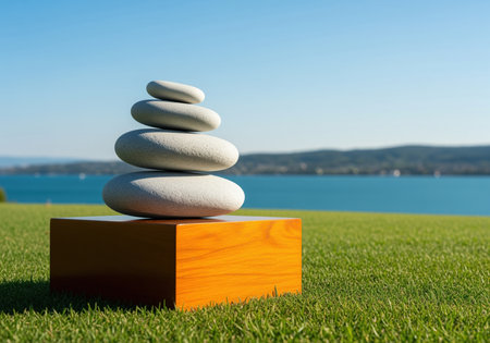 Stack of smooth, light gray river stones balanced on a polished wooden block resting on green grass. scenic background featuring a blue lake and clear sky, symbolizing tranquility and stability.の素材