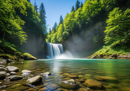 Majestic waterfall cascading down a rocky cliff face into a clear, shallow turquoise river surrounded by lush, vibrant green temperate forest under a bright blue sky.の素材