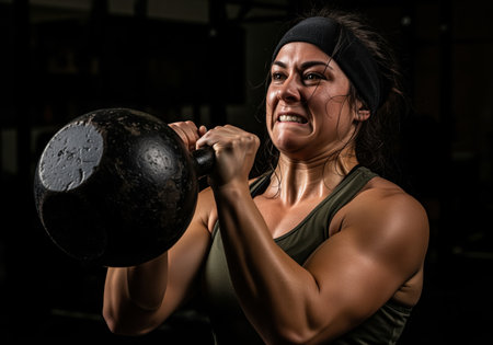 Powerful muscular woman grimacing from intense effort while performing a kettlebell lift in a dark, dramatic gym environment. focus on strength, fitness, and determination.の素材