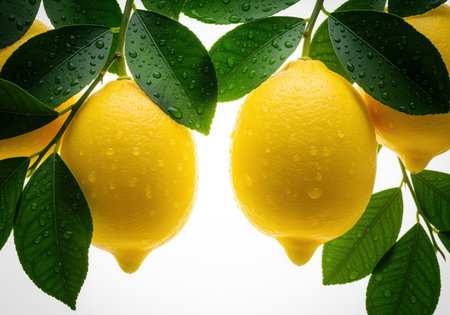 Ripe yellow lemons hanging from branches with vibrant green leaves covered in fresh water droplets, isolated against a clean white background. perfect for food, drink, or health concepts.の素材