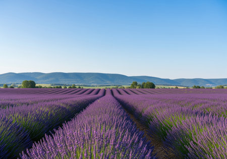 Blooming purple lavender rows stretching into the distance under a clear blue sky, set against a backdrop of rolling hills. scenic summer landscape representing agriculture and tranquility.の素材