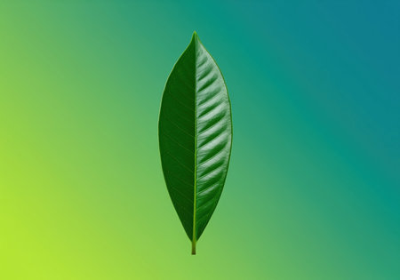Flawless dark green tropical leaf centered vertically against a vibrant gradient background shifting from lime green to teal blue. represents nature, ecology, freshness, and sustainable design concepts.の素材