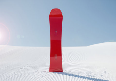 Vibrant red snowboard standing vertically in perfectly groomed white snow on a sunny winter day with a clear blue sky. winter sports equipment ready for action on the mountain slope.の素材