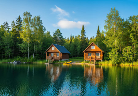 Two rustic wooden cabins stand on the edge of a tranquil forest lake under a clear blue sky, reflecting the surrounding dense green trees. ideal for vacation, travel, and nature concepts.の素材