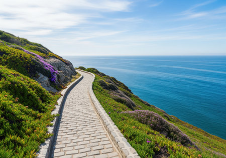 Paved hiking trail curving along a steep, vegetated coastal slope with purple flowers, leading toward the horizon over the vast blue sea.の素材