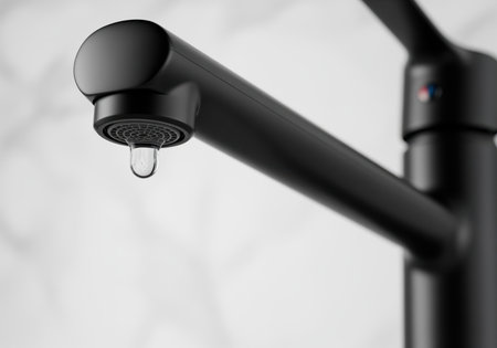 Sleek, minimalist matte black kitchen mixer tap with a single water droplet suspended from the spout, emphasizing water conservation, waste, and leakage.の素材