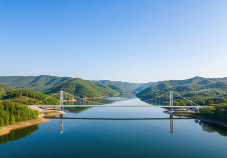 Modern white suspension bridge crossing a calm, deep blue reservoir lake. lush green forested hills and mountains surround the peaceful natural landscape under a clear blue sky.の素材
