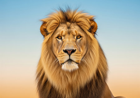 Majestic male lion face close up, featuring a massive, vibrant golden mane against a soft blue and orange gradient sky. focus on power, wildlife, and strength.の素材
