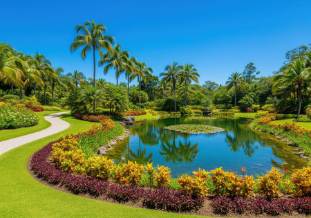 Pristine tropical garden featuring a winding path, lush green lawn, vibrant flower beds, and a calm pond reflecting the bright blue sky and surrounding palm trees.の素材