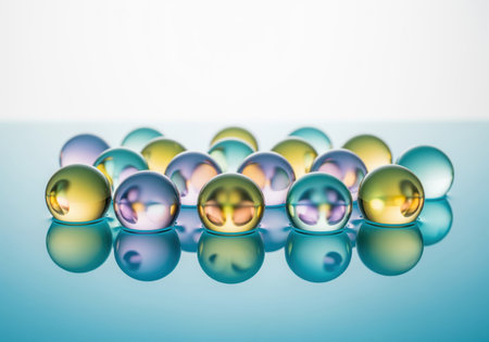 Colorful, smooth, translucent spheres arranged closely together on a reflective, light blue surface, showcasing vibrant reflections and abstract patterns.の素材