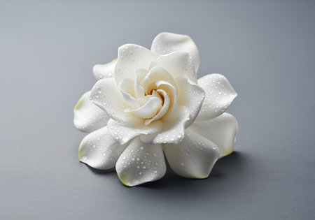 Flawless white gardenia flower covered in fresh dew drops, resting on a smooth gray surface. studio shot emphasizing purity, elegance, and freshness.の素材