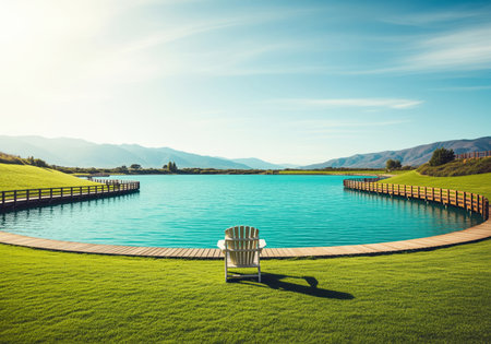 White adirondack chair sits on a lush green lawn next to a curved wooden boardwalk overlooking a bright turquoise lake and distant mountains under a sunny blue sky.の素材