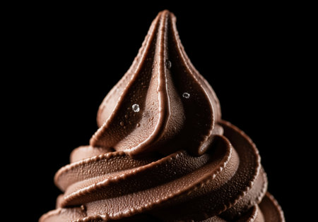 Swirling peak of rich, dark chocolate soft serve ice cream captured in a dramatic macro close up against a solid black background, emphasizing texture, coldness, and sweet indulgence.の素材
