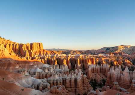 Hoodoo rock formations and steep canyon walls bathed in warm golden light during sunrise at bryce canyon national park, utah. clear blue sky over the vast geological landscape.の素材