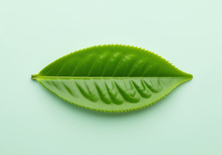 Perfectly symmetrical pristine bright green tea leaf isolated on a light mint background. represents freshness, organic health, and environmental sustainability.の素材