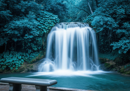 Tranquil blue waterfall flowing smoothly into a natural pool, surrounded by dense, lush tropical foliage. long exposure technique emphasizes the water movement and purity.の素材