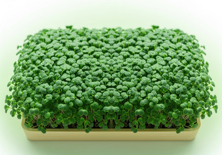 Vibrant green kale microgreens densely packed in a rectangular growing tray, covered in fresh water droplets. focus on healthy eating, organic farming, and nutrition.の素材