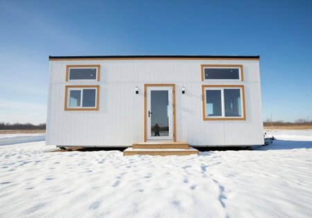 Modern white prefabricated tiny house unit with wooden trim and large windows, standing in a vast snowy field under a clear blue sky. represents minimalist and sustainable living.の素材