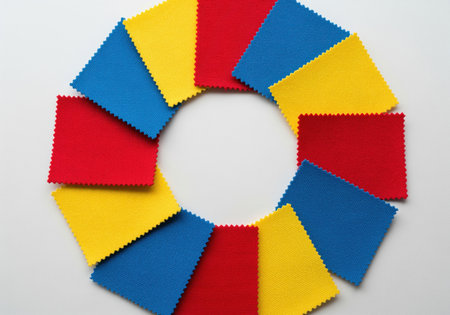 Primary color canvas fabric samples red, blue, yellow arranged in a circular frame on a white background, providing central copy space for text or design. ideal for textile, craft, and design projects.の素材