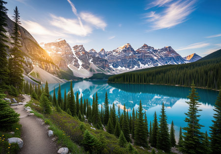 Magnificent alpine lake reflecting snow capped mountains and dense evergreen forest under a bright sky. includes a winding hiking trail in the foreground.の素材