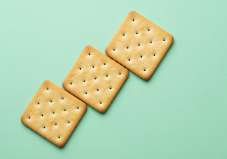 Three golden square crackers arranged in a diagonal line on a solid pastel mint green surface. minimalist flat lay composition emphasizing snack food, texture, and simplicity. perfect for advertising or culinary themes.の素材