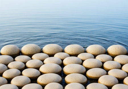 Smooth, perfectly round beige stones arranged tightly together, partially submerged at the edge of clear, calm blue water with gentle ripples. ideal for themes of tranquility, spa, and balance.の素材