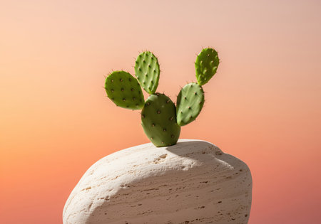 Opuntia cactus resting on a textured travertine stone, highlighted by bright sunlight against a soft orange and pink gradient backdrop. minimalist nature composition.の素材
