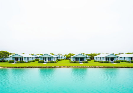 Uniform light blue vacation cabins lined up on a manicured green lawn, separated from the viewer by a clear turquoise water channel, suggesting tranquility and retreat.の素材