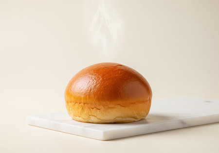 Freshly baked, glossy golden brioche bun steaming gently, resting on a white marble slab. ideal for bakery, sandwich, or gourmet food concepts.の素材