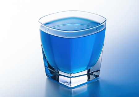 Vibrant electric blue liquid filling a modern, angular, stemless glass, captured in a pristine studio setting with a reflective surface and cool gradient background.の素材