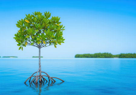 Vibrant mangrove tree with lush green leaves and complex prop roots standing in shallow, clear blue tropical ocean water against a bright sky. essential coastal ecosystem and conservation symbol.の素材