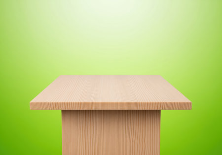 Light wooden table surface with visible grain texture standing against a bright, seamless lime green gradient background, ideal for product presentation or mockup display.の素材