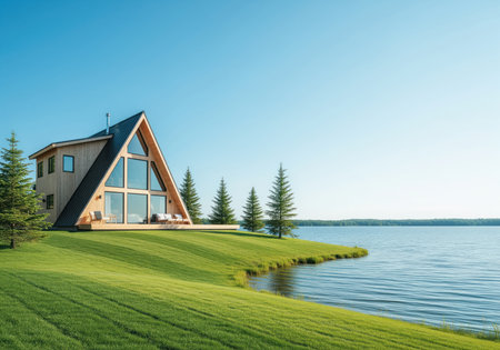 Modern a frame cabin featuring light wood siding and expansive glass windows, situated on a manicured green lawn overlooking a calm lake under a clear blue sky. ideal for vacation, retreat, and luxury living concepts.の素材