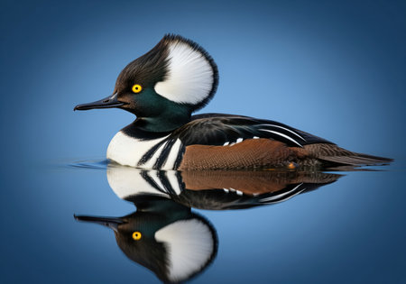 Male hooded merganser duck in profile, showcasing striking black, white, and brown plumage, floating calmly on reflective blue water.の素材