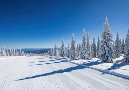 Perfectly groomed ski slope with fresh corduroy texture leading into a dense forest of snow covered evergreen trees under a brilliant blue sky on a sunny winter day.の素材
