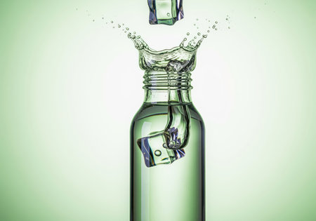 Ice cube dropping into a glass bottle filled with clear water, resulting in a dramatic liquid splash and crown effect captured in high speed on a fresh green background.の素材