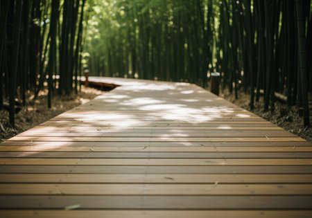 Wooden pathway stretching into a dense, lush green bamboo forest. dappled sunlight illuminates the tranquil scene, suggesting nature travel, wellness, and peaceful escape.の素材