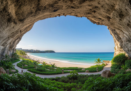 View of an idyllic tropical beach resort, white sand, and turquoise ocean framed by the natural opening of a large cave. lush green foliage and a winding path lead toward the paradise scene.の素材